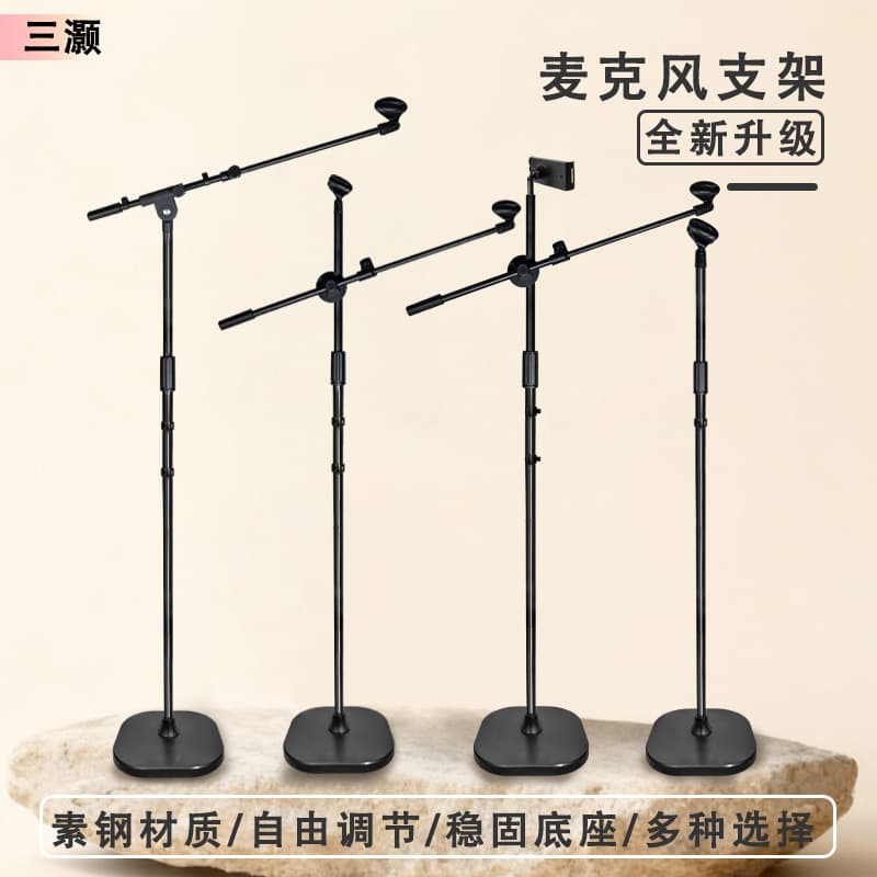 Floor Microphone Stand Vertical Stand for Live Streaming, Singing, Stage, Adjustable Height, Telescopic, with Boom Arm
