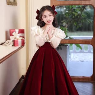 Children's Formal Red Long Dress Flower Girl Wedding Little Girl Princess Dress French Style Piano Performance Spring
