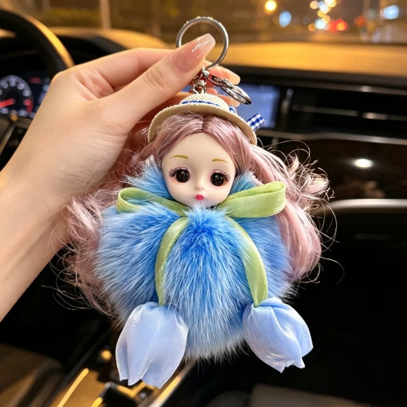 Cute Plush Big-Eyed Doll Car Keychain Pendant Personalized Creative Real Fox Fur Doll Bag Charm