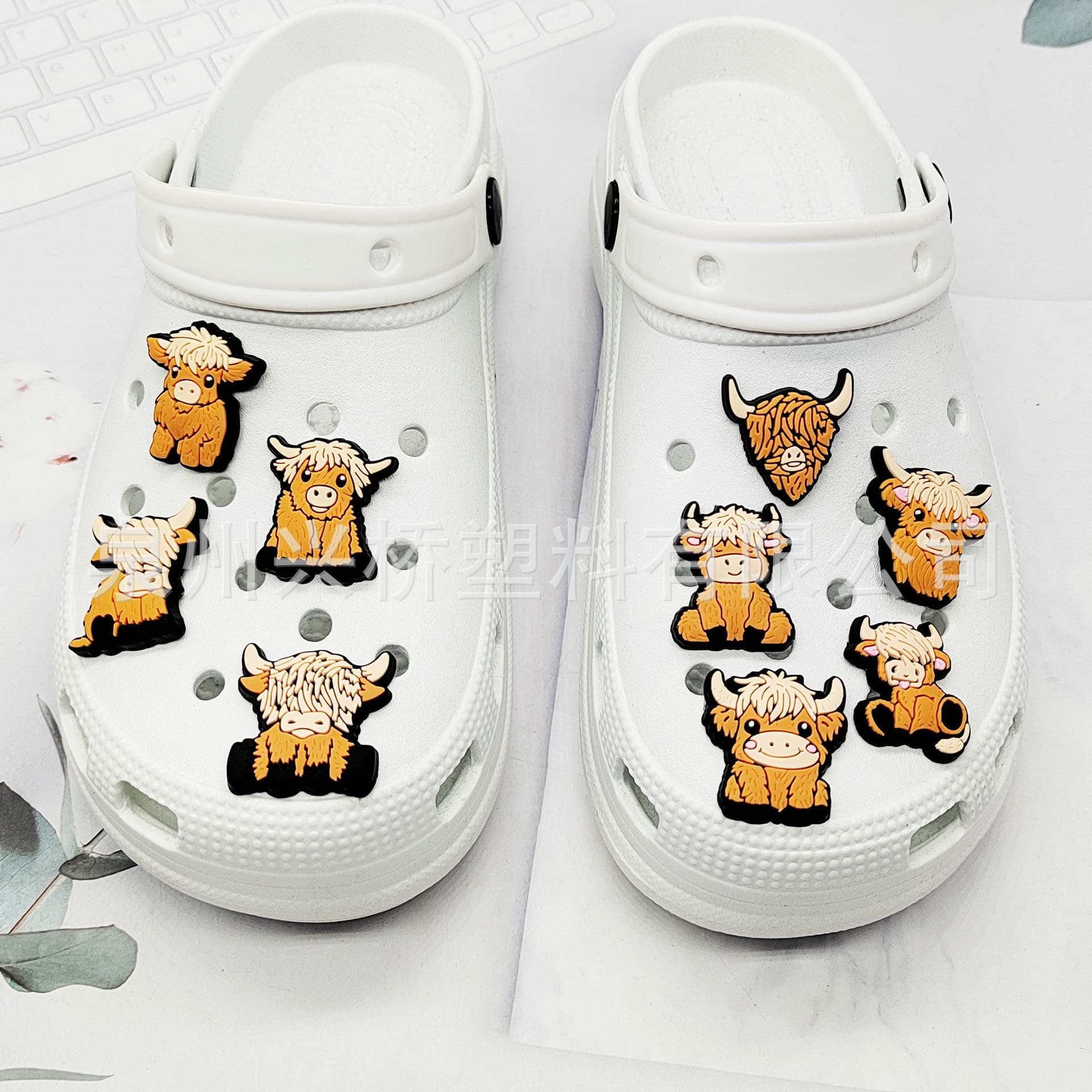 Scottish Highland cow shoes with floral perforations, buckles, cute cartoon animal decorations, and crossover designs.