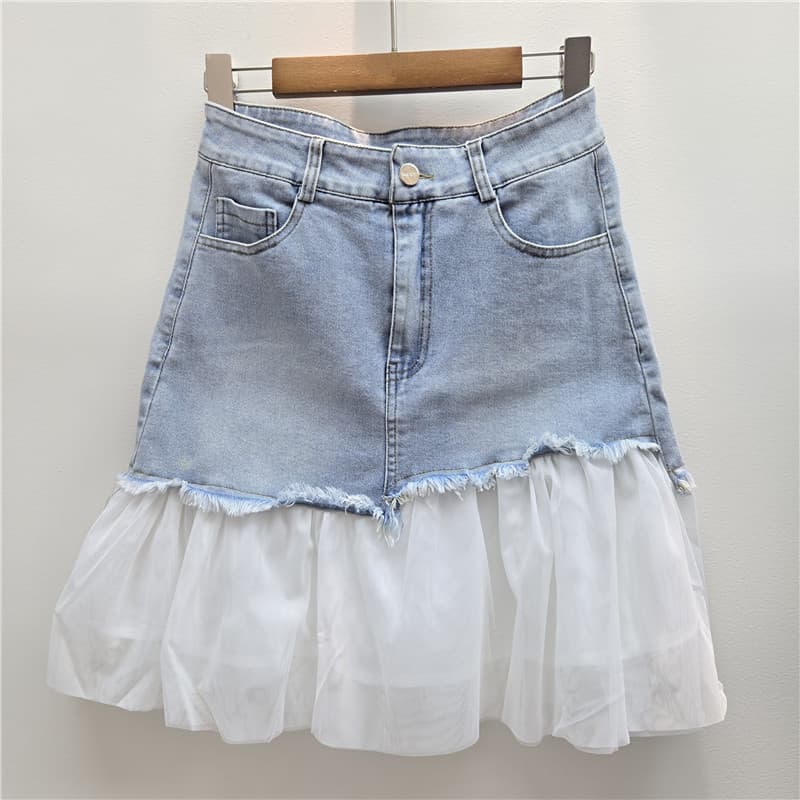 American Summer New Ruffle Mesh Patch High-Waist A-Line Skirt Women Fashion Trendy Elastic Denim Skirt