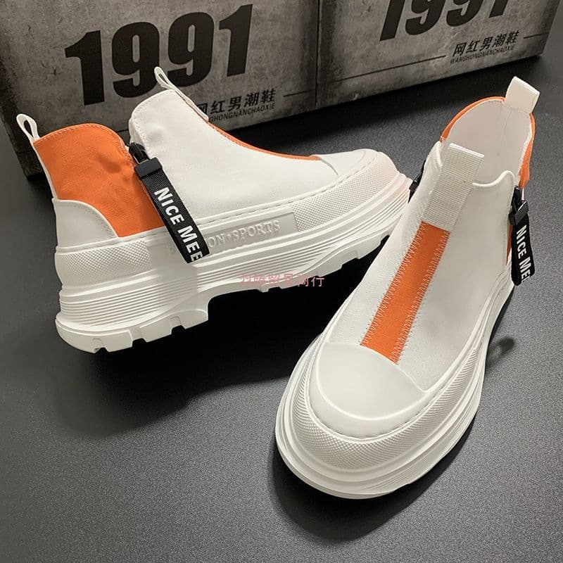 Men's Canvas High-Top Autumn Korean Style Trendy Versatile Platform Sneakers Height-Increasing Sports Casual Mid-Top Fashion Shoes