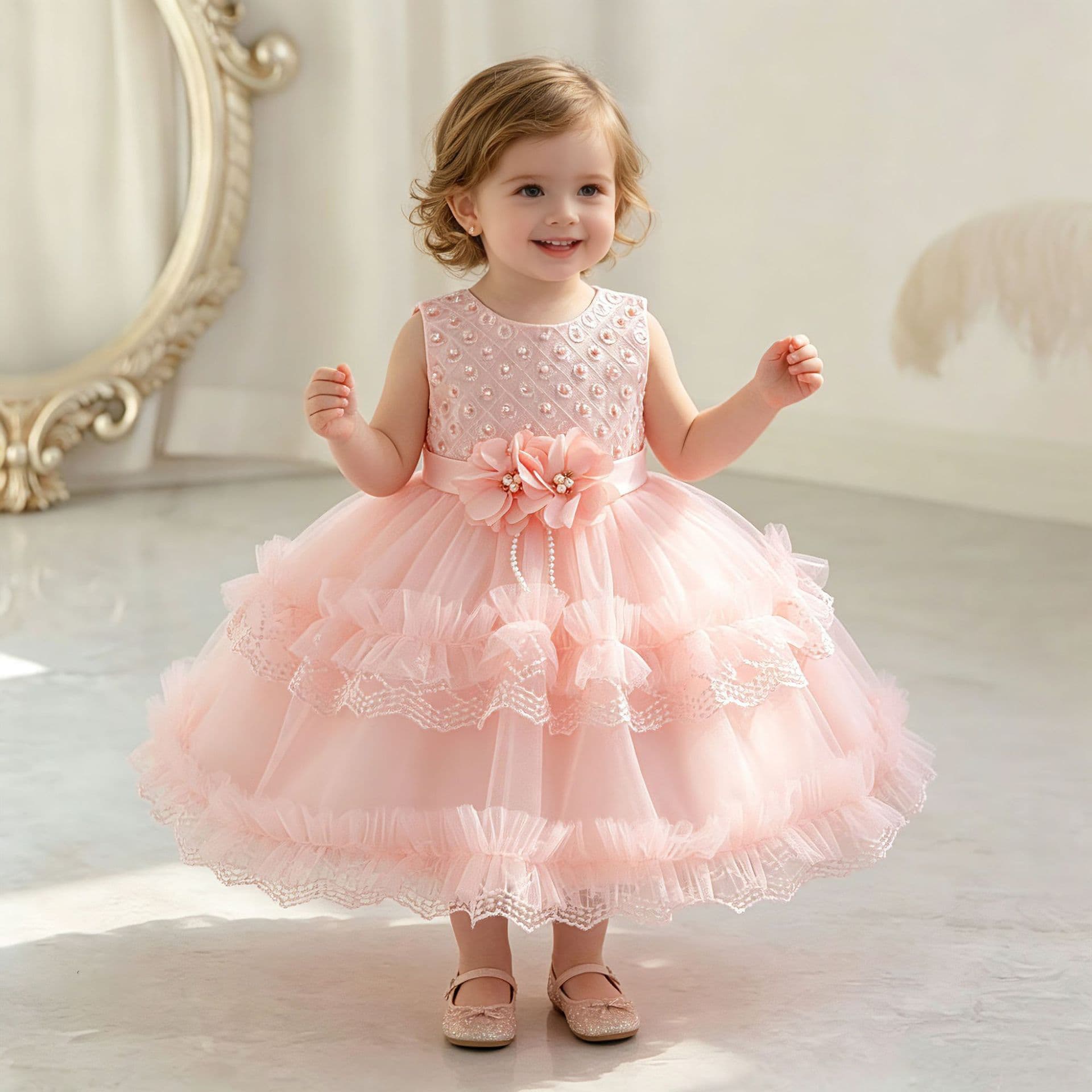 White Princess Dress Children's Birthday Baptism Party Girl's Dress Sweet Style Polyester Fiber Cotton Lining Classy Edge