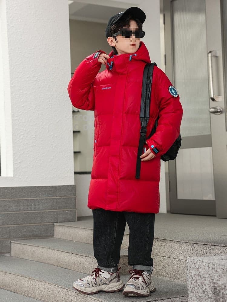 New winter down jacket, mid-length, thickened, over-the-knee, black, for boys and girls.