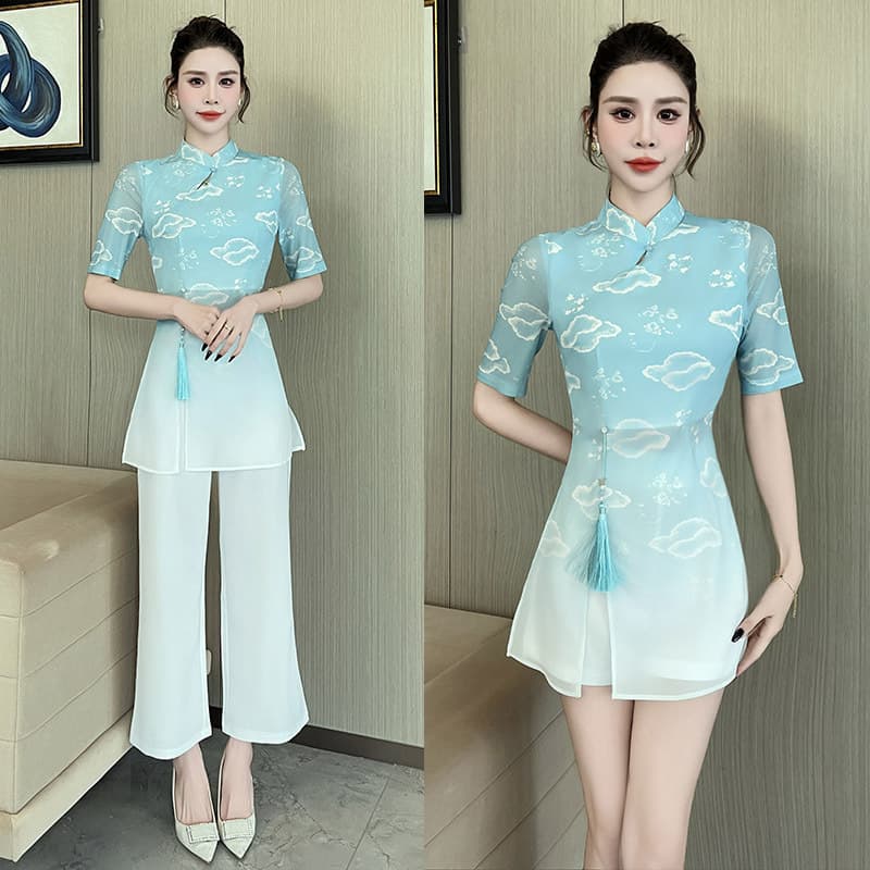 2025 New Chinese Style National Style Modified Cheongsam Set Beautician Uniform Foot Massage Bathing Technician Workwear-1501