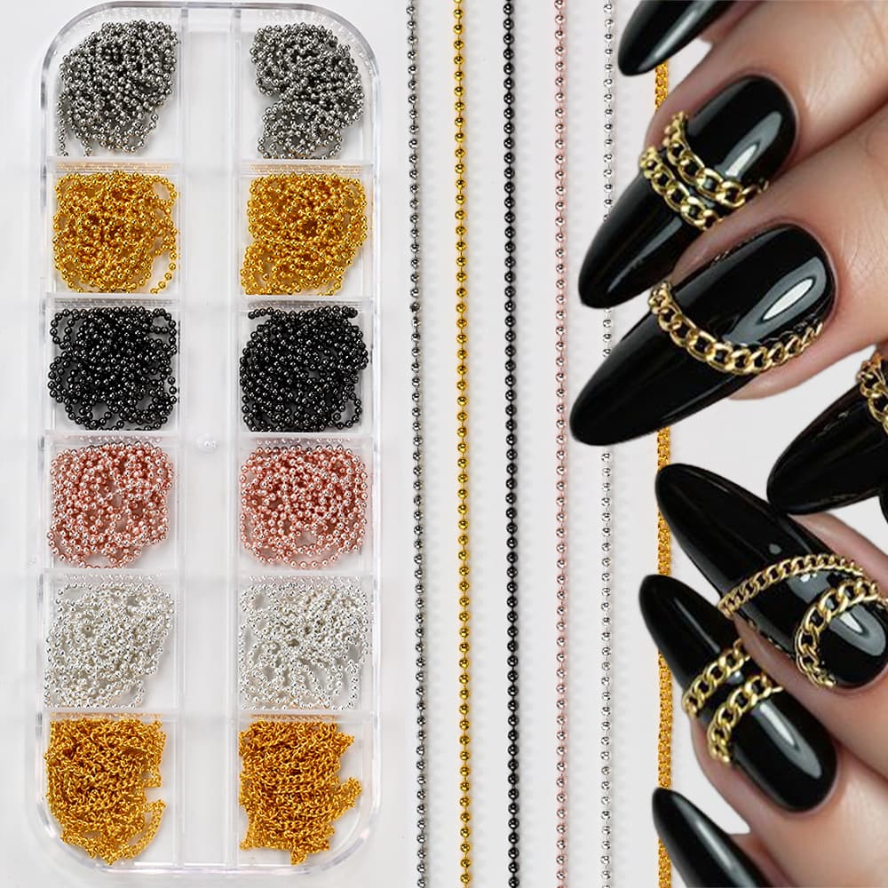 12 grid nail art chain 6 colors mixed decorations retro tassel nail steel beads metal decorative chain nail art decorations