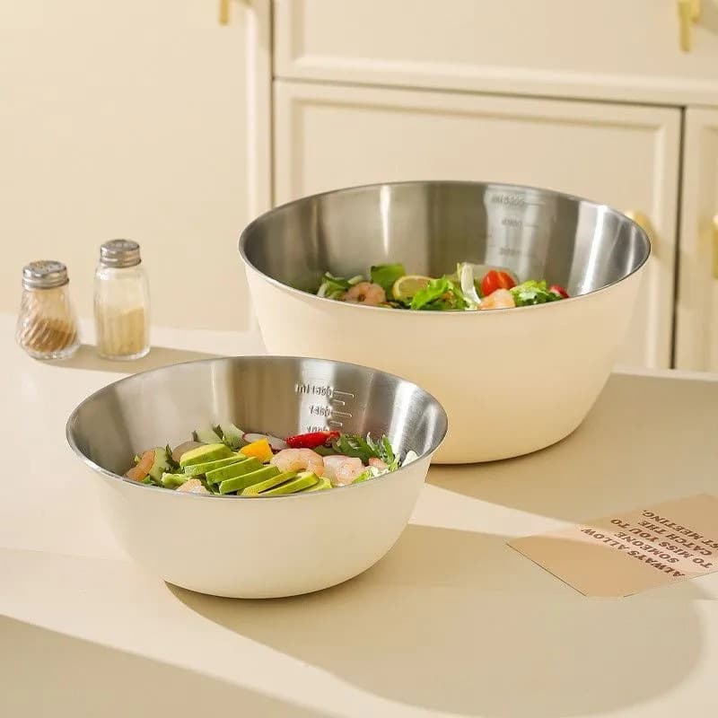 Creamy White Stainless Steel Salad Bowl for Home Use, Mixing Bowl for Cold Dishes, Dough Kneading, Egg Beating, and Fruit Salad