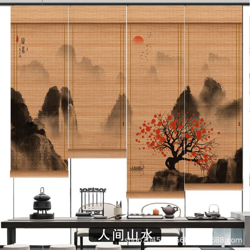 [Customized] Carbonized Bamboo Curtain Roller Blind Retro Porch Background Partition Tea Room Artistic Decorative Painting Pull Curtain