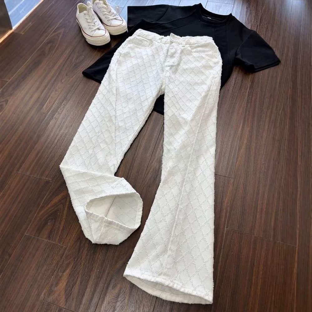 Cleanfit White Diamond-Patterned Jeans for Men, Autumn Jacquard Design Pants, High Street Vibe Straight-Leg Flared Pants
