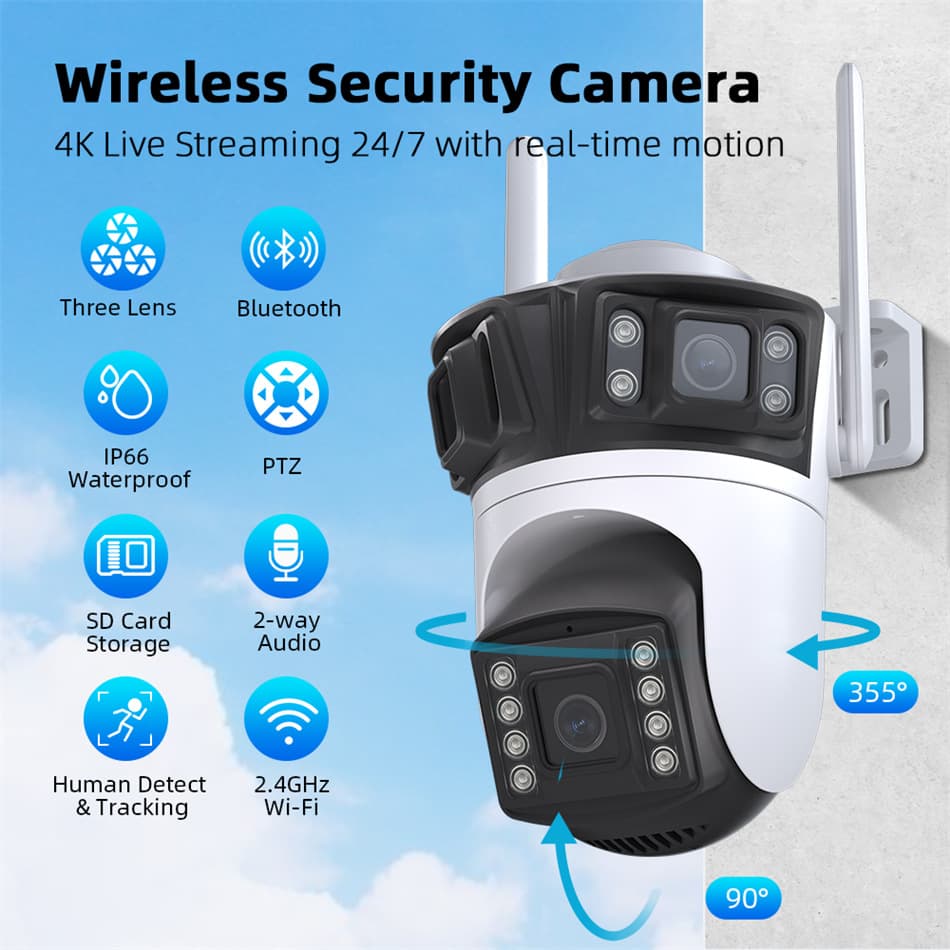 icsee 3-eye 3-screen smart high-definition wireless WIFI camera indoor and outdoor full color 360-degree waterproof remote