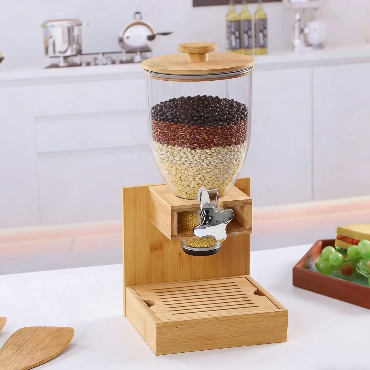 Wooden Grain Dispenser with Base, Kitchen Rice Noodle Food Storage Container, Multi-Purpose Coffee Bean Storage Bucket