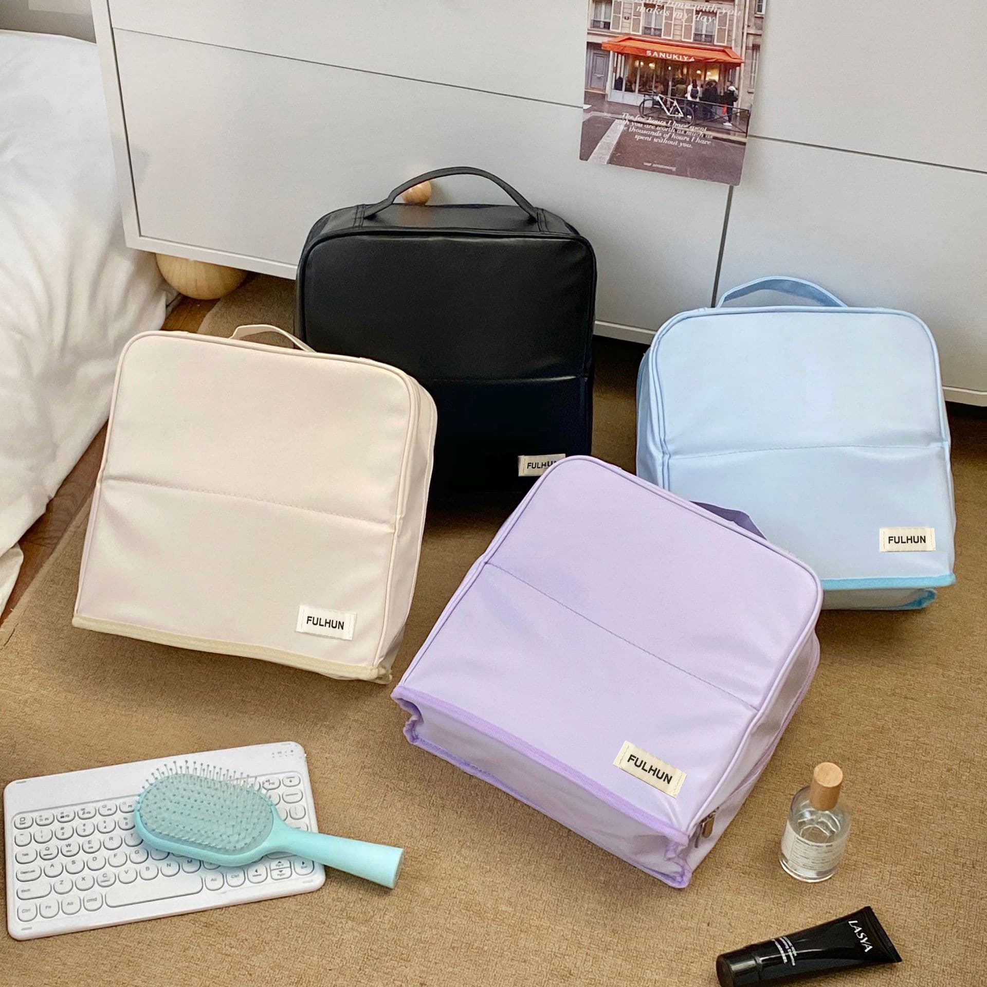 Large Capacity Portable Cosmetic Bag with Mirror, Stand-Up Design, Hanging Hook, Suitable for Suitcase Travel, Handheld, with Compartments