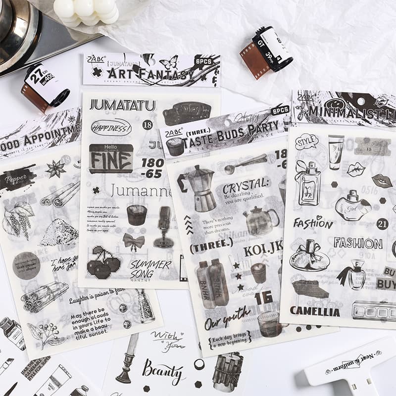 ZABC cross-border die-cut Japanese paper stickers Elegant black and white series 6 sheets into 4 types of life-themed material stickers