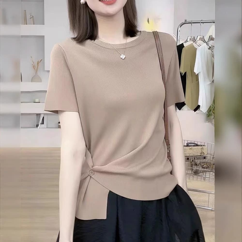 Ice Silk Shoulder-Fitting Short Sleeve T-Shirt Women 2025 New Style Summer Loose Slimming Hem Hidden Button Unique Top Knitwear