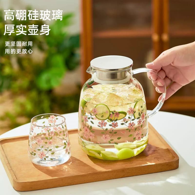 Cold Brew Cherry Blossom Water Pitcher Minimalist Cold Brew Teapot Cold Water Cup High Borosilicate Heat-Resistant Glass Water Pitcher Large Capacity