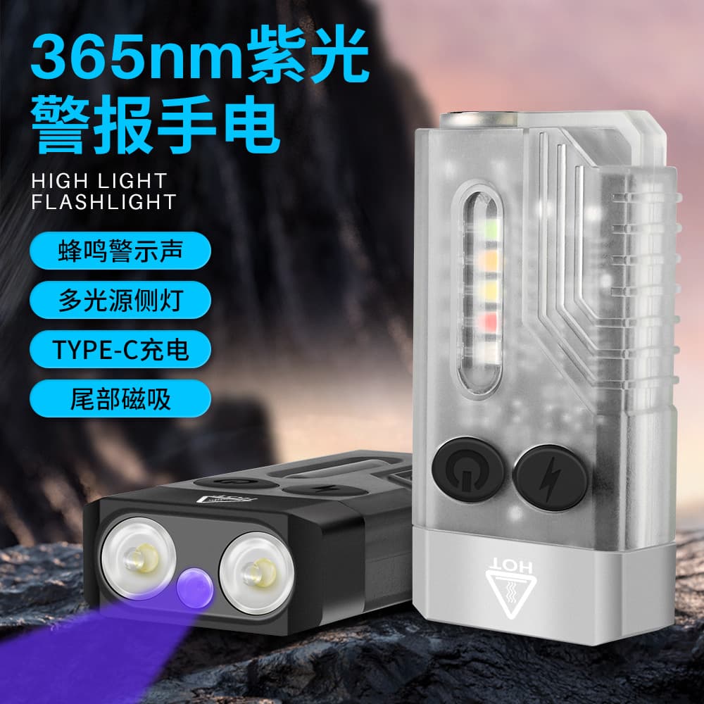 Mini USB Rechargeable 365nm Ultraviolet Flashlight with Alarm Keychain Light Strong Light Portable Compact Handheld Lamp