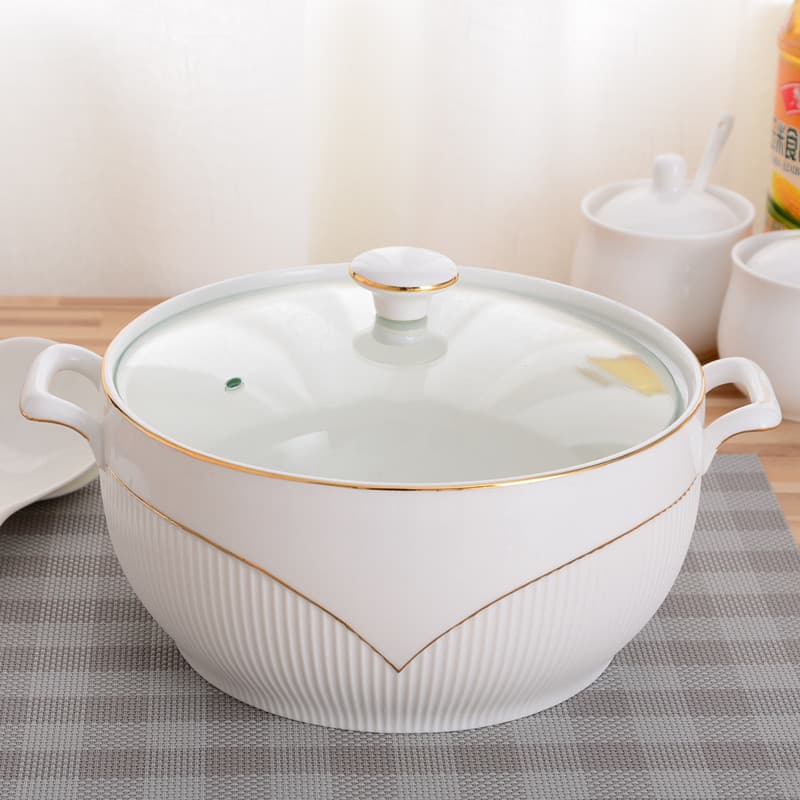 Household Double-Handled Ceramic Soup Pot with Lid, Large Capacity Pure White Rice Soup Bowl, Microwave Safe, Multiple Styles for Export