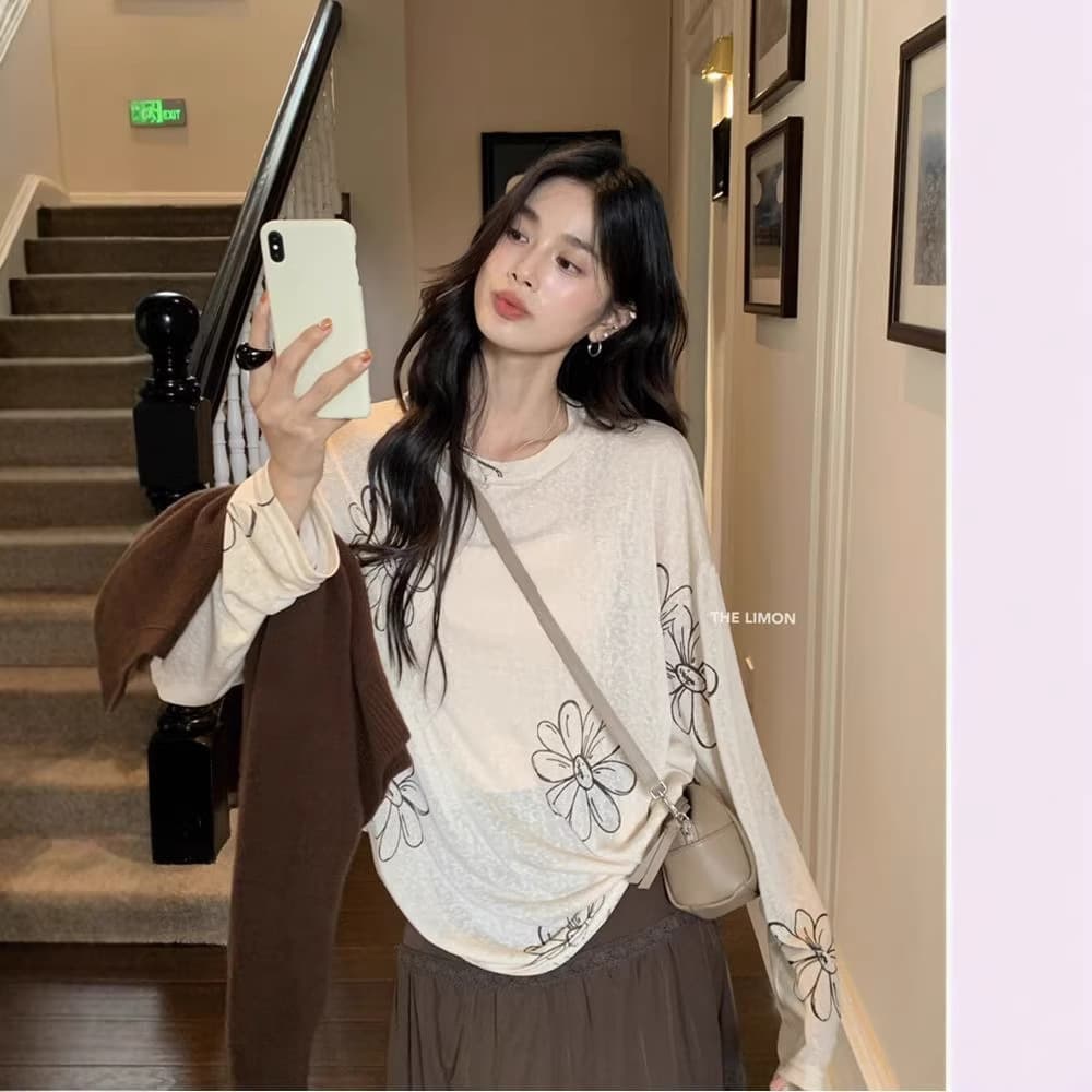 Summer New Style Lazy Style Floral Loose Sun-Protective Long-Sleeve T-Shirt Thin Printed Women's Top Cover-Up