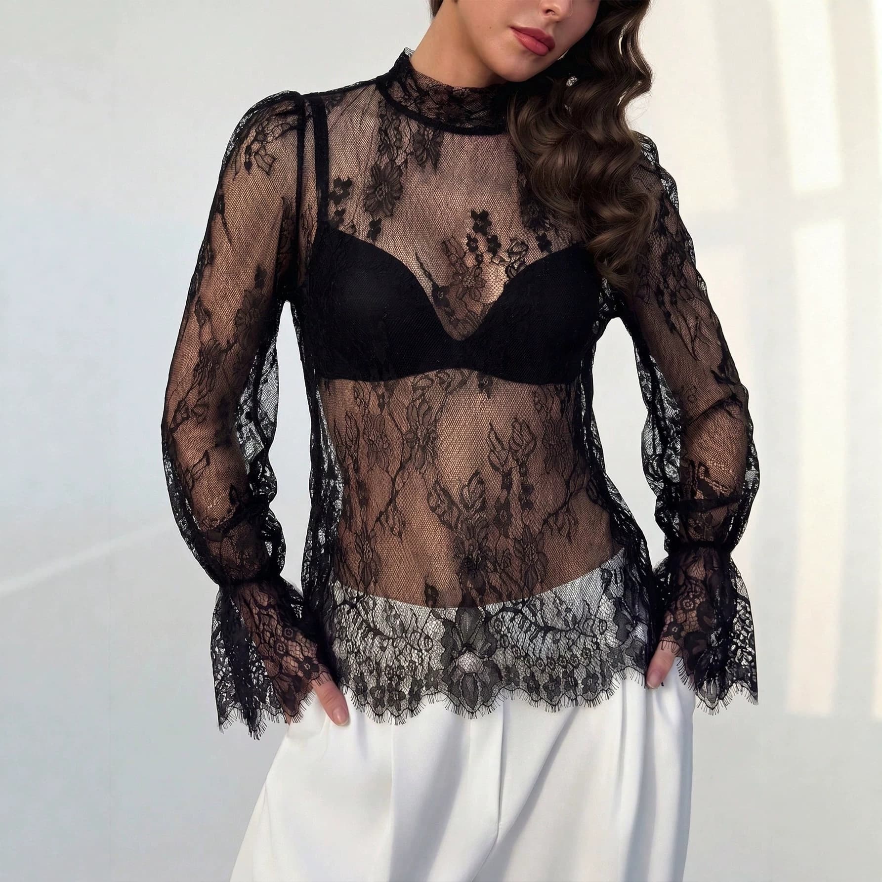 2026 New Elegant Lace Trim Sheer Flared Long Sleeve Blouse for Women - Amazon Cross-Border