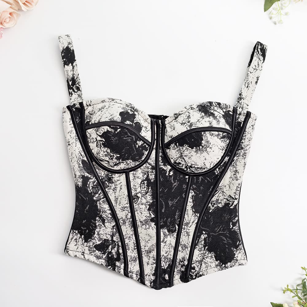 French jacquard boning strapless top, purely for outerwear, new Chinese style ink painting, side boning, strong waist-cinching boning bra
