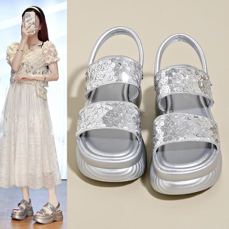 Popular Thick-Soled Sandals for Women 2026 New Summer Style, Silver Sequin Platform Shoes for Petite Women to Wear with Skirts