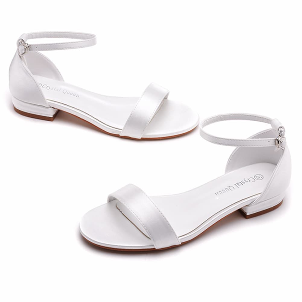 2cm Block Heel Sandals Low-Cut One-Strap Buckle Sandals Ivory White Silk Satin Bride White Sandals Women