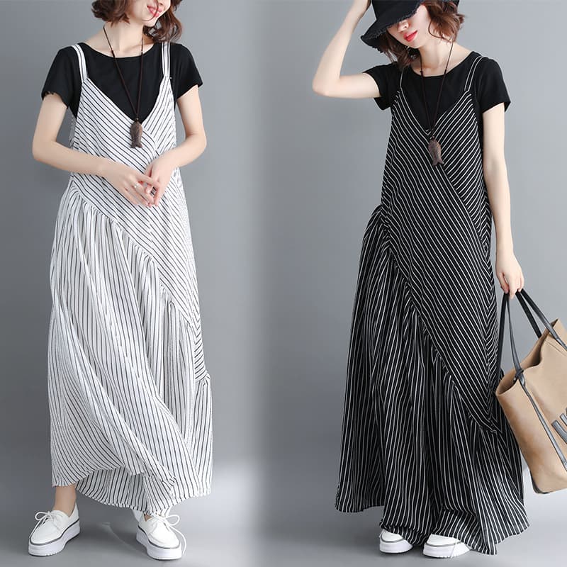 In-stock 2026 New Trendy Overalls Loose Plus Size Suspender Jumpsuit Striped Pants Skirt Ice Silk Wide-Leg Pants