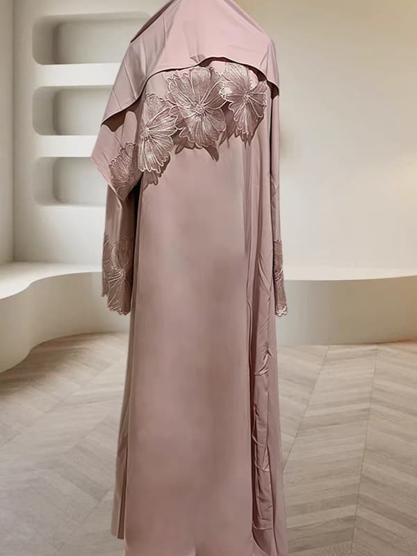 2025 Autumn Lace Trim Long Robe Design Headscarf Luxury Elegant Turkish Style Dress Two-Piece Set
