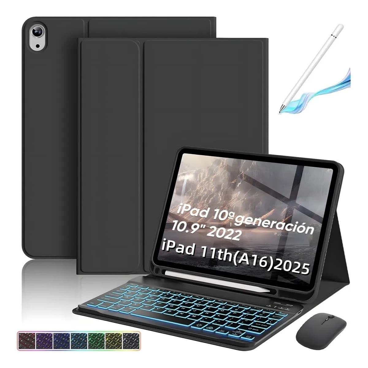 Suitable for iPad 10th Generation Tablet Backlit Bluetooth Keyboard with A16 Pen Slot Protective Cover 11th Bracket Shell Spanish