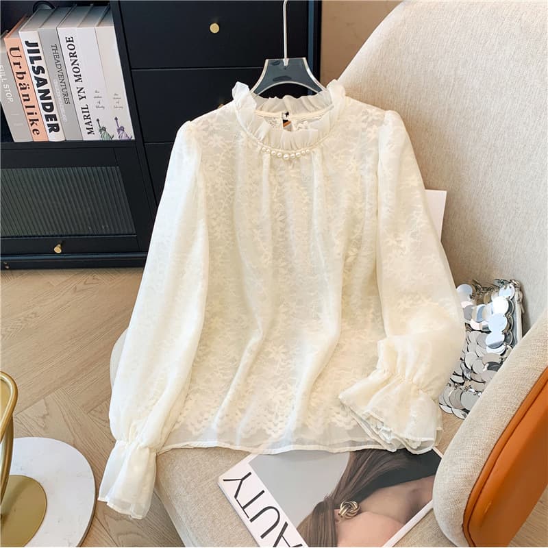 Autumn/Winter New Socialite Elegant Pearl Stand Collar Lace Shirt Women's Fashionable Ruffle Chiffon Blouse