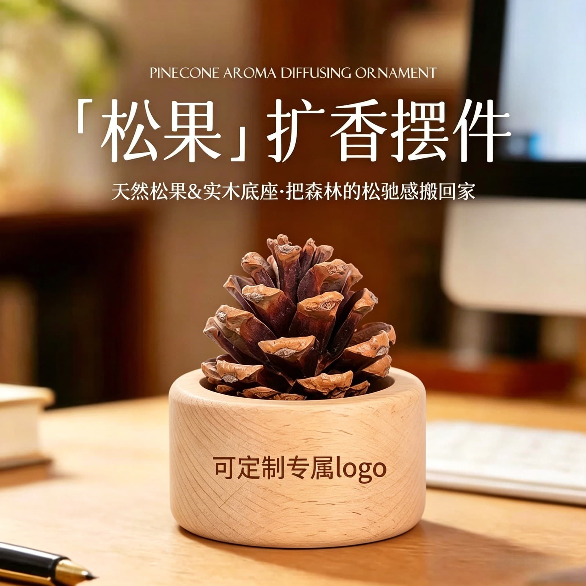 Natural Pinecone Diffuser Wood Ornament Wooden Aroma Diffuser Flameless Essential Oil Diffuser for Car Dashboard
