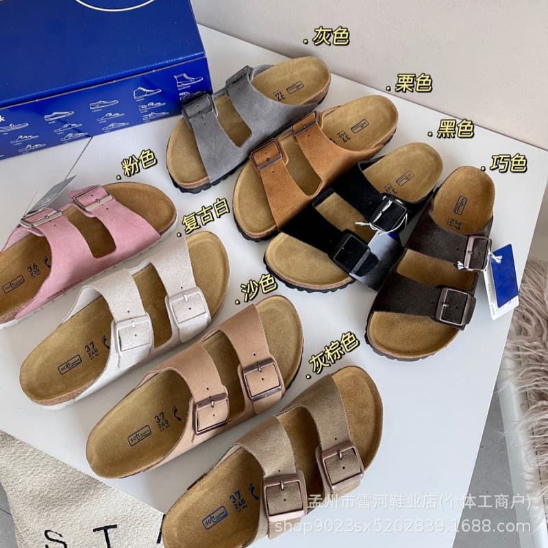 [Drop Shipping] Sangpo Birkenstock Women's Sandals Summer-Autumn Flat Toe Box Genuine Leather Thick Sole Lazy Retro Style