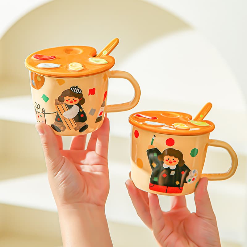 Small Fresh Palette Comic Girl Mug High-Looking Office Girl Water Cup with Cover Birthday Souvenir