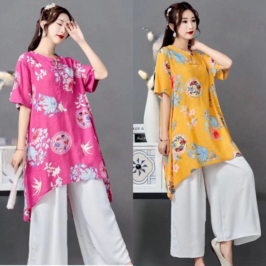 2024 Spring/Summer New Style Cotton Linen Printed Literary Women's Loose-fitting White Pants Set, Travel Ethnic Style Clothing