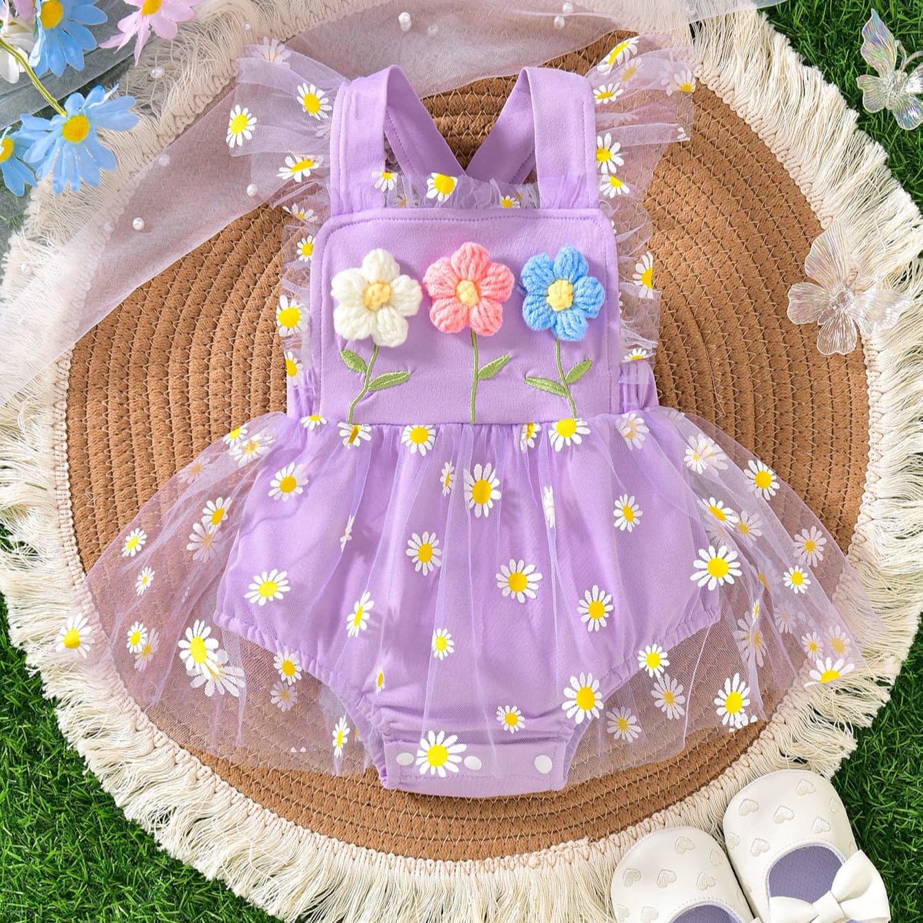 Baby Girl Party Dress Cute Strapless Three-Flower Mesh Bodysuit Dress