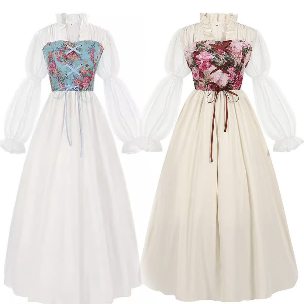 Amazon European French style literary retro floral tunic dress medieval Victorian clothing