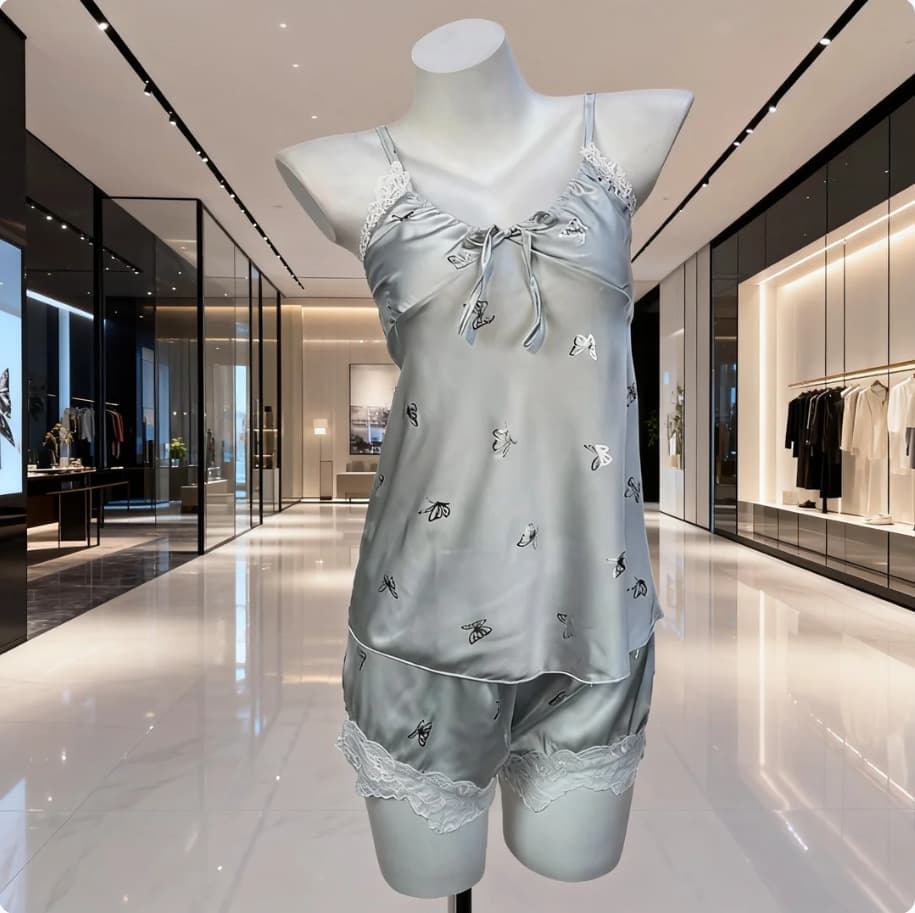 Thin Butterfly Ice Silk Camisole Pajama Set for Women, Sexy Pure Desire Style with Padded Lace Vest and Shorts