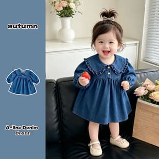 Ins 2026 Autumn Girls' Denim Dress, Korean-Style Turn-Down Collar Long Sleeve Dress, Trendy Baby Girl Princess Dress