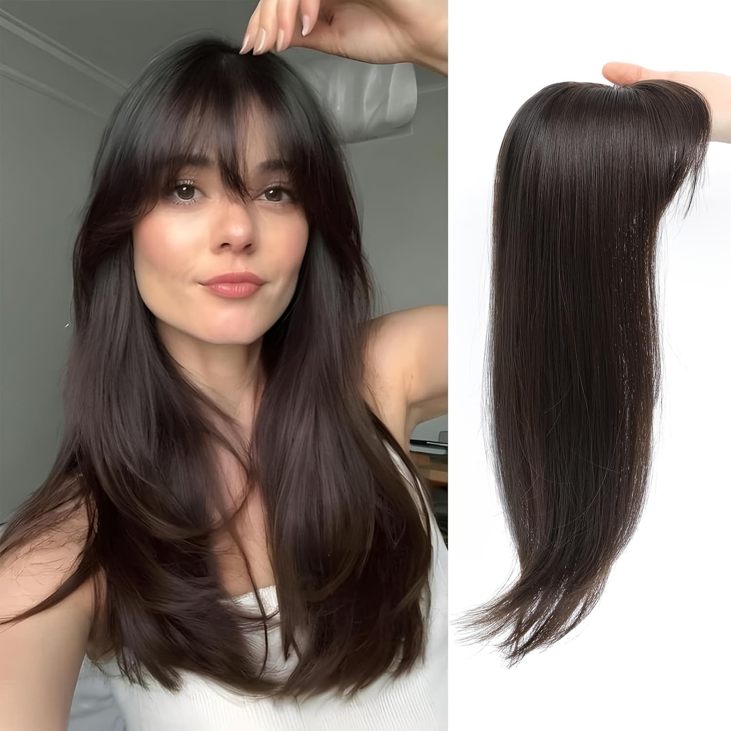 Natural Top Wig for Women, Covers Gray Hair, Thin Hair, 360° Air Bangs, Straight Hair, Hairpiece