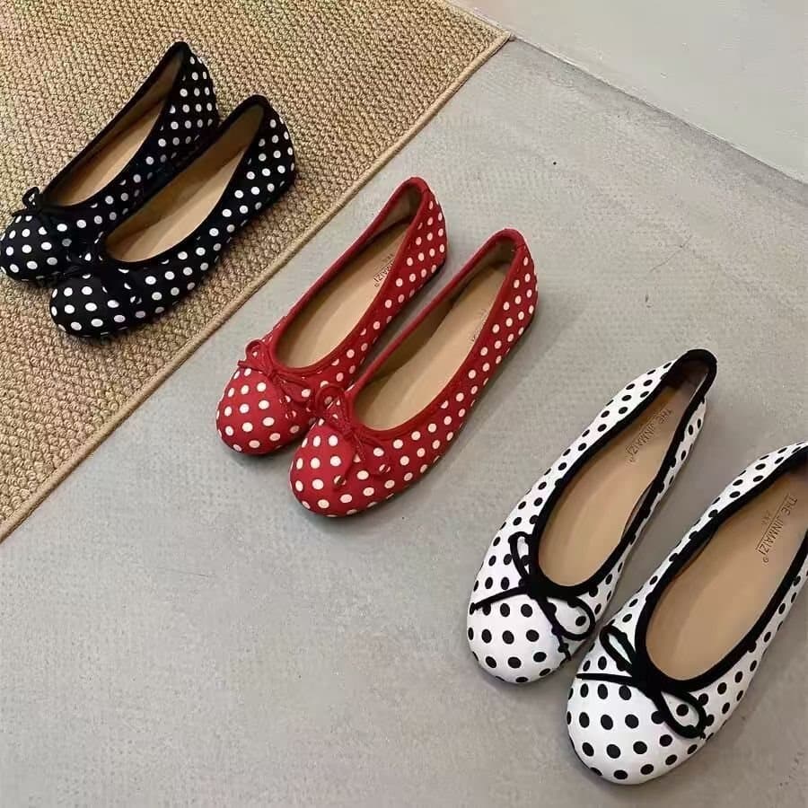 Retro Hong Kong Style Polka Dot Round-Toe Flat Shoes for Women, 2025 New Shallow Mouth Evening Style Bow Ballet Shoes