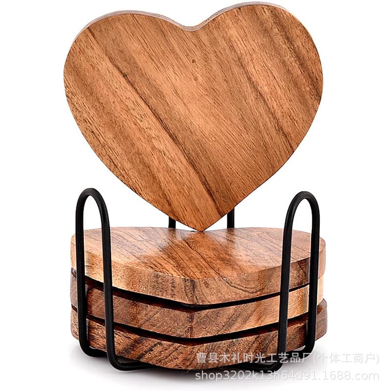 Cross-border Household Wooden Heart-shaped Tableware Coasters Kitchen 4-Piece Set Restaurant Decoration Acacia Wood Base Coffee Cup