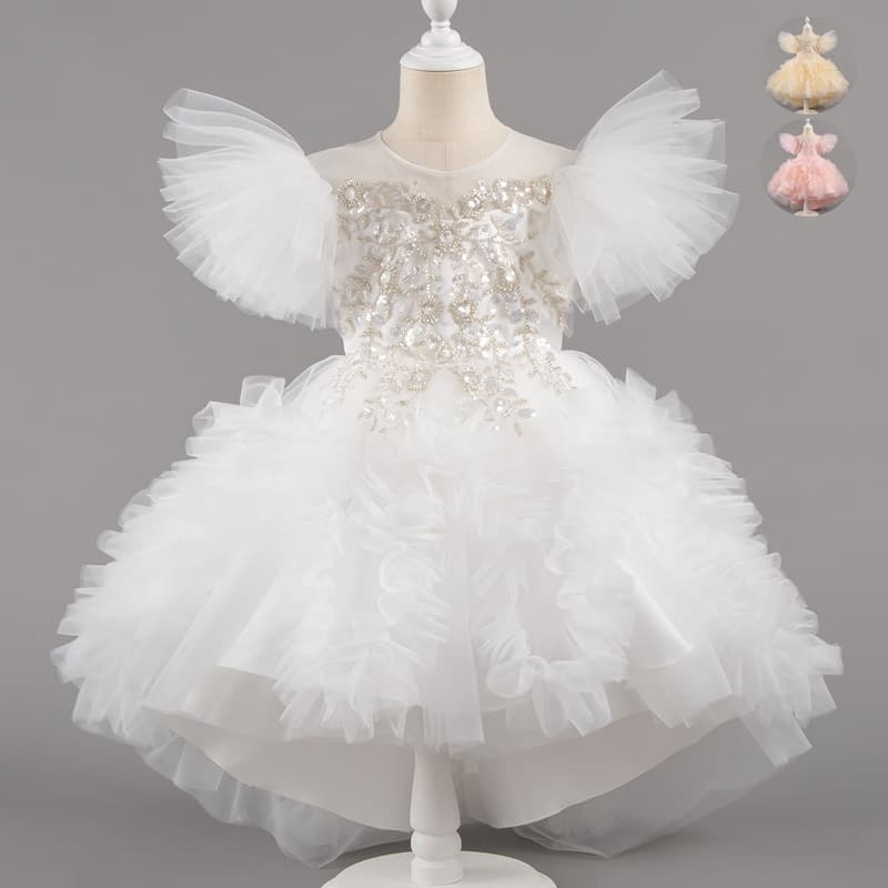 Cross-border Girls' Dress White Wedding Gown Little Flower Girl Fashionable New Puffy Princess Dress