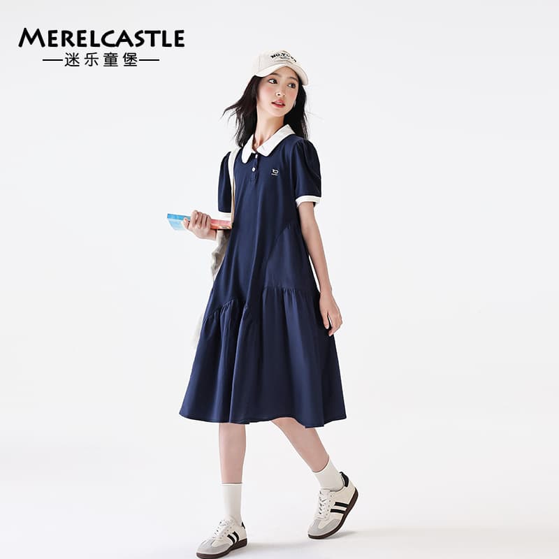 Girls dress 2025 new short-sleeved sports casual middle and large children polo summer college navy blue skirt