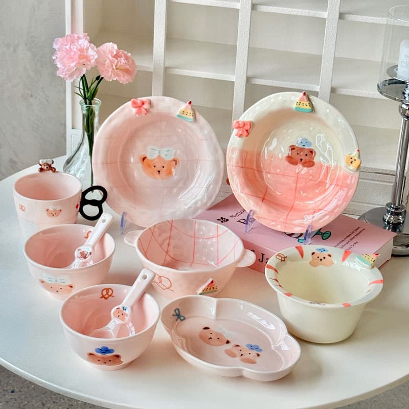 Underglaze Sweet Heart Bear Ceramic Dinnerware Set, Hand-Painted Pink Girl Heart, Cute 3D Bowl and Plate