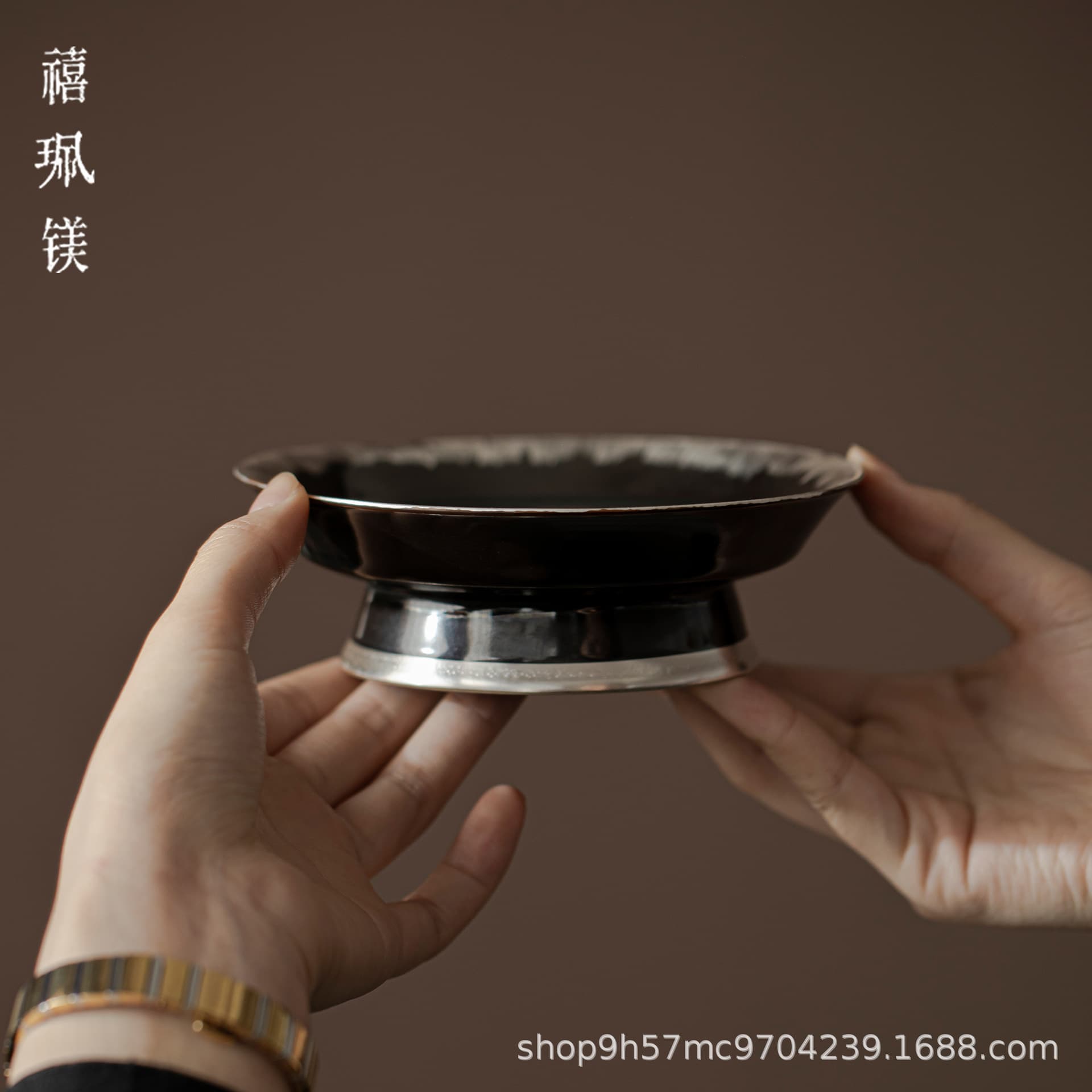 Xipei Magnesium Black Gold Glaze Handmade Silver Gilded Round Pot Holder Ceramic Dry Brewing Tray Lid Bowl Teapot Base Stand High Foot Tea Snack Plate
