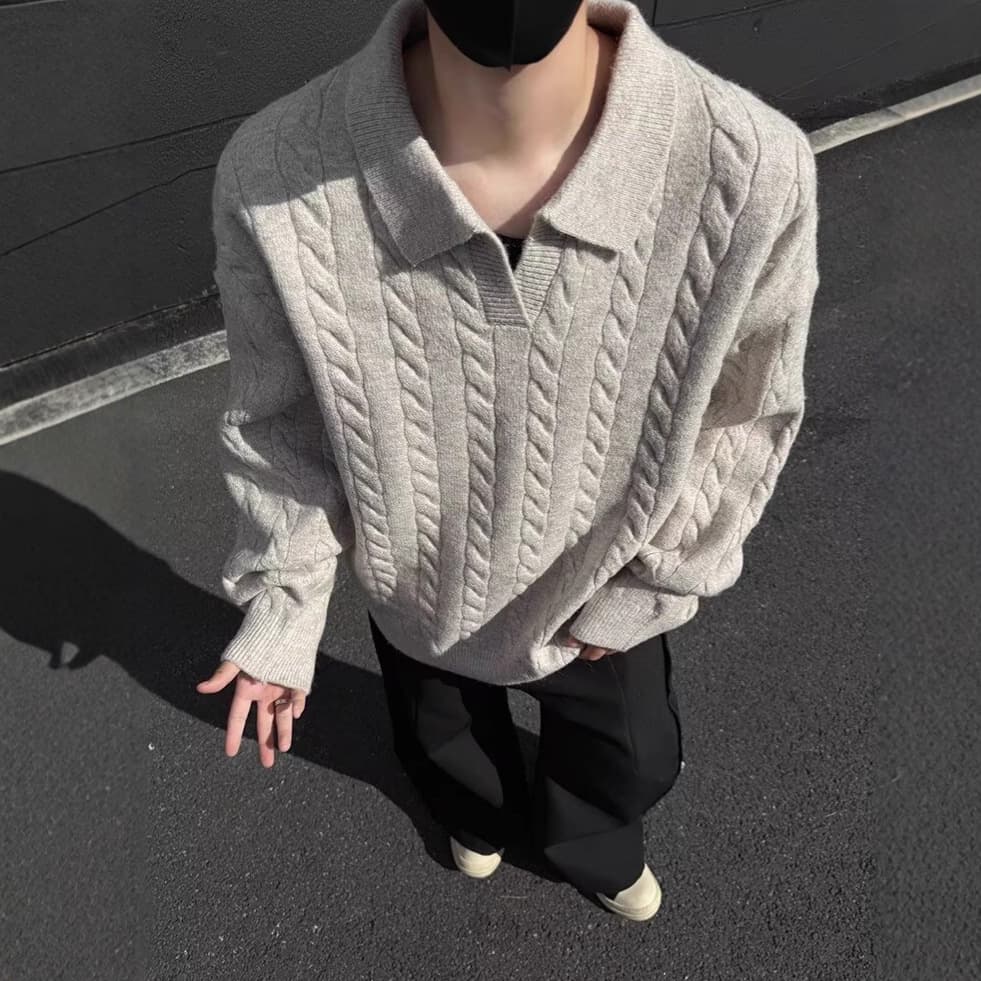 Vintage V-Neck Cable Knit Sweater for Men, Autumn American Retro Relaxed Knit Polo Shirt, Pullover Base Layer