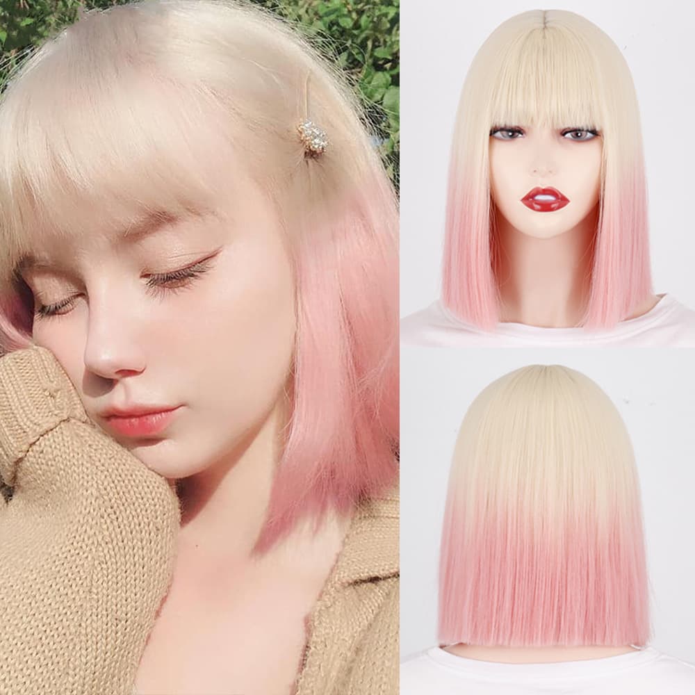 Natural Looking Short Shoulder-Length Blonde Hair Wig for Women Pink Gradient Color Full Head Covering Fake Hair