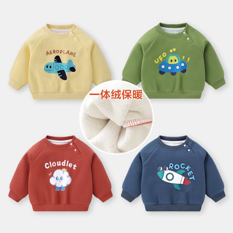 2025 New Baby Clothes Casual Round Neck Fleece-Lined Hoodie Winter Autumn Children's Boy Girl Warm Top