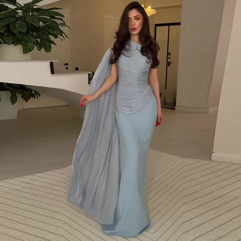 2026 Summer European and American Amazon Cross-border Women's Light Blue Pleated Sleeveless Bodycon Long Dress