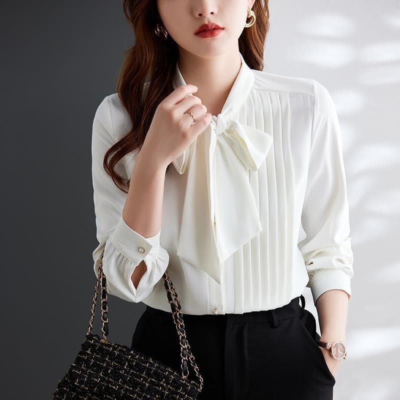Long Sleeve Shirt for Women Autumn Professional Women's Top Elegant Loose Bow Blouse Pleated Sales Work Uniform for Women